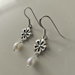 Silver Floral Pearl Drop Earrings